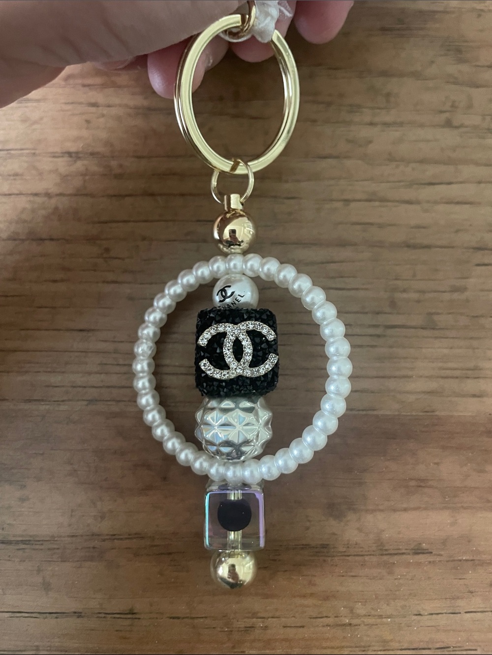 Pearl Hoop Keychain with Crystal CC Emblem